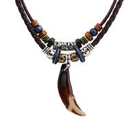 Tmboryuu Collier avec pendentif en forme de dent de chien - Double couche - Collier à breloques en cuir tribal - Pour femme et homme - Bijoux ethniques - Cadeau - Perles en bois - Pour homme
