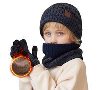 TMEOG Bonnet Enfant Cache Cou Gants Garcon Fille Tour de Cou Polaire Snood Bonnet Hiver Gants Tactiles Ensemble Bonnet Echarpe Gant 4-10 Ans(Bleu)