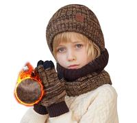 TMEOG Bonnet Enfant Cache Cou Gants Garcon Fille Tour de Cou Polaire Snood Bonnet Hiver Gants Tactiles Ensemble Bonnet Echarpe Gant 4-10 Ans(Marron)