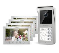 TMEZON Visiophone Connecté à 2 Fils, Kit Interphone Vidéo Filaire avec 4 Moniteurs,Ecran TFT Couleur 7’’,Platine de Rue avec Caméra,Sonnette Vidéo Extérieur,Vision Nocturne,4 Familles/Appartements