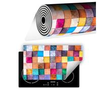 TMK ArtDeko Tapis de protection en vinyle pour cuisinière à induction 90 x 52 cm, Protège Plaque Induction Deco Cuisine Protection Pour Plan De Travail Cuisson Protégé, Mosaïque Bois Multicolore