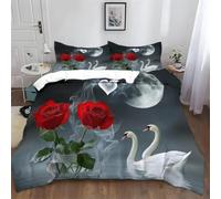 TMMDH Rose Rouge Housse de Couette 240x260cm Cygne Parure de Lit Microfibre | Microfibre Parure Lit avec fermeture éclair 2 Taie d'Oreiller,Convient aux couples adulte,style romantique décoration chambre