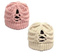 TMTGTS Bonnet d'hiver doux pour femme - Queue de cheval - Bonnet en tricot - Bonnet chaud extensible - Tresses - Trou - Bonnet tricoté pour femme et fille - Cheveux longs - Deux pièces (3#)