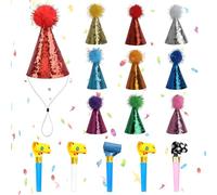 TMZELOA Lot de 10 chapeaux de fête pour animaux en peluche + 5 sifflets réglables Mini chapeaux de fête Chapeau d'anniversaire pour animaux de compagnie Happy Birthday Chapeau Décorations colorées