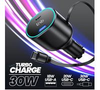 T'nB - Chargeur allume-cigares avec câble rétractable 1XUSB et 1XUSB-C et un câble USB-C, 50W