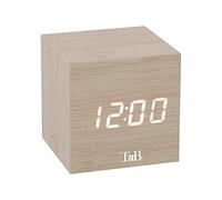 T'nB Cube - Réveil Matin, Affichage Clair et Triple Alarme | Alimentation Secteur, 3 Alarmes Programmables, Activation Tactile ou Vocale, Date et Température, Luminosité Réglable, Bois