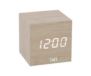 T'nB Cube - Réveil Matin, Affichage Clair et Triple Alarme | Alimentation Secteur, 3 Alarmes Programmables, Activation Tactile ou Vocale, Date et Température, Luminosité Réglable, Bois