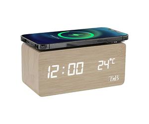 T'nB - Réveil Dynamo avec Chargeur Induction 10W, Alimentation Filaire sur Secteur, 3 Alarmes Programmables, Température, Luminosité Réglable, Mode Week-End, Horloge Numérique - Couleur Bois