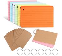 TNEDFOD 300 Pièces Cartes d’index Lignées, 7,3 x 12,3 cm Cartes d'apprentissage avec Anneaux et Couverture Papier Kraft, Flash Cards pour École, Bureau, Maison, Étude (6 Couleurs)