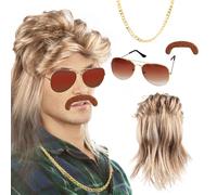 TNEDFOD Perruque Mulet Homme Annee 80, 70s Perruque Homme, Perruques de Cosplay de Mascarade D'halloween, Accessoire Annee 80, avec Lunettes de Soleil, Collier Disco, Fausse Barbe