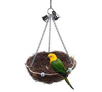 Tnfeeon Cage à Oiseaux Jouets Nid d'oiseau en Rotin Naturel avec 2 Cloches en Métal pour Perruches Calopsittes Perroquets à Mâcher Amusant et Anti-Stress (27 * 12 cm)