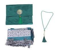 Tnfeeon Tapis de Prière Islamique en Coton Doux, Tapis de Méditation et Ensemble de Perles, brodé Exquis avec Pompons, Portable pour Hommes, Femmes, Enfants, Musulman, (Green)