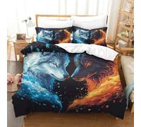 TNFHSOFT Housse De Couette 3D Le Loup de Glace et de feu, Douce Microfibre Hypoallergique avec Taies d'oreiller, Parure De Lit 3 Pièces pour Adultes Adolescents Enfants King(220x240cm)