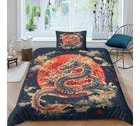 TNFHSOFT Parure de lit en microfibre avec housse de couette et 2 taies d'oreiller de 50 x 75 cm avec fermeture éclair et 2 taies d'oreiller 50 x 75 cm Motif dragon japonais