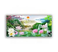 TNGHHSGA Arbre cascade bateau paysage de montagne de lotus Tableau de style chinois traditionnel impression sur toile Art mural en toile chinoise œuvre d'art moderne pour salon 60 x 120 cm sans cadre