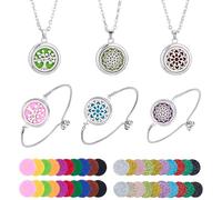 TNKBREEZE Lot de 6 colliers et bracelets diffuseurs d'huiles essentielles d'aromathérapie - 3 styles - Pendentif diffuseur d'huile avec coussinets de lotus et d'arbre - Cadeau pour femme et homme