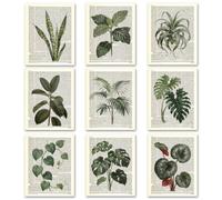 TNKBREEZE Thème des plantes - Lot de 9 peintures sur toile encadrées - Vintage - Journal - Feuilles - Décoration murale pour la maison, la cuisine, la salle de bain, le salon, la chambre à coucher