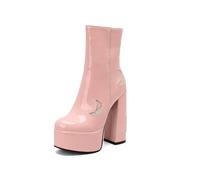 TNMIUH Bottes à Plateforme pour Femme, Bottines à Talon Épais Haut 14cm, Bottes Mi-Mollet avec Motif Lune Pailletée en Cuir Verni, Chaussures de Fête Blanc, Noir, Rose,Rose,41 EU