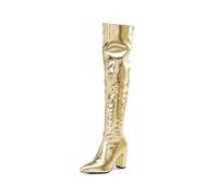 TNMIUH Bottes Cuissardes Femme Métallisées Or et Argent, Bottes Hautes à Talon Bloc et Bout Pointu, Chaussures de Soirée Sexy Défilé de Mode Disco Clubbing,d'or,38 EU