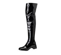 TNMIUH Bottes Cuissardes Femmes Bout Rond 4.5cm Talon Bas Bloc Elastic | Bottes cuissardes confortables avec talon bas de 4.5cm et bout rond en cuir verni brillant pour femmes.