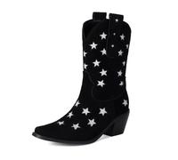 TNMIUH Bottes de Cowboy en Cuir Noir avec Étoiles Argentées, Talon Bloc, Boots Style Western pour Femme,Noir,40 EU
