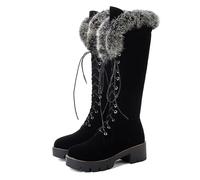 TNMIUH Bottes Hautes Femme à Lacets avec Fourrure Synthétique, Bottes d'hiver Semelle Plateforme Chunky, Style de Rue, Disponible en Marron et Noir,Noir,35.5 EU
