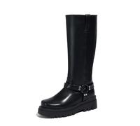 TNMIUH Bottes Militaires Femme Hautes au Genou, Cuir Noir, Semelle Plateforme Chunky Bottes, Style Combat avec Boucles et Rivets Décoratifs,Noir,40 EU