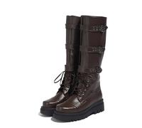 TNMIUH Bottes Militaires Hautes en Cuir pour Femme, Style Combat avec Boucles, Bottes d'hiver Semelle Plateforme, Lacets Montants, Noir et Marron,Noir,40 EU