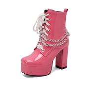 TNMIUH Bottes Plateforme Gothique pour Femmes, Bottines à Talon Bloc de 11.5cm avec Chaîne, Bottes de Combat en Cuir Verni avec Fermeture Éclair, Noir Blanc Rose,Rose,40 EU