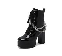 TNMIUH Bottes Plateforme Gothique pour Femmes, Bottines à Talon Bloc de 11.5cm avec Chaîne, Bottes de Combat en Cuir Verni avec Fermeture Éclair, Noir Blanc Rose,Noir,39 EU