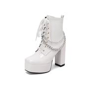 TNMIUH Bottes Plateforme Gothique pour Femmes, Bottines à Talon Bloc de 11.5cm avec Chaîne, Bottes de Combat en Cuir Verni avec Fermeture Éclair, Noir Blanc Rose,Blanc,41.5 EU