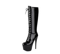 TNMIUH Bottes Plateformes pour Femme à Lacets Talon Aiguille Hautes Verni | Finition Vernie, Talon Aiguille 15.5Cm, Plateforme 6Cm, Laçage Frontal, Fermeture Éclair Latérale, Chaussures Danse Club