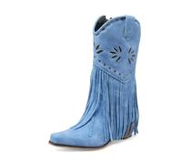 TNMIUH Bottes Western à Franges Femme Bleu Daim Mi-Mollet Bottes Cowboy Talon Compensé Caché Bohème Chic à Rivets,Bleu,38 EU