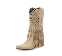 TNMIUH Bottes Western à Franges Femme Bleu Daim Mi-Mollet Bottes Cowboy Talon Compensé Caché Bohème Chic à Rivets,Beige,37 EU
