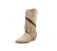 TNMIUH Bottes Western à Franges Femme Mi-Mollet Bottes Cowboy avec Gland Talon Compensé Caché Daim Bohème Chic,Beige,41 EU
