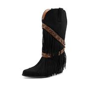 TNMIUH Bottes Western à Franges Femme Mi-Mollet Bottes Cowboy avec Gland Talon Compensé Caché Daim Bohème Chic,Noir,43 EU