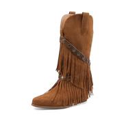 TNMIUH Bottes Western à Franges Femme Mi-Mollet Bottes Cowboy avec Gland Talon Compensé Caché Daim Bohème Chic,Marron,39 EU