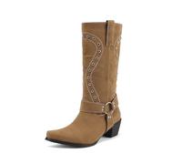 TNMIUH Bottes Western Femme Mi-Mollet Bottines Style Motard à Rivets Talon Bloc Bout Carré Bottes Cowboy en Daim avec Boucles,Beige,35.5 EU