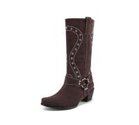 TNMIUH Bottes Western Femme Mi-Mollet Bottines Style Motard à Rivets Talon Bloc Bout Carré Bottes Cowboy en Daim avec Boucles,Marron,35.5 EU