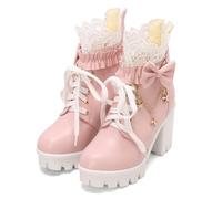TNMIUH Bottines Lolita à Plateforme Femme Lacets et Dentelle, Talon Bloc, Nœud Décoratif avec Étoiles, Rose/Blanc/Noir,Rose,38.5 EU