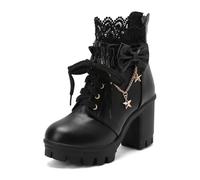TNMIUH Bottines Lolita à Plateforme Femme Lacets et Dentelle, Talon Bloc, Nœud Décoratif avec Étoiles, Rose/Blanc/Noir,Noir,41.5 EU