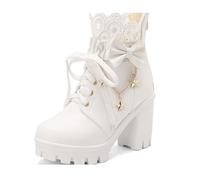 TNMIUH Bottines Lolita à Plateforme Femme Lacets et Dentelle, Talon Bloc, Nœud Décoratif avec Étoiles, Rose/Blanc/Noir,Blanc,35.5 EU