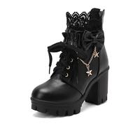 TNMIUH Bottines Lolita à Plateforme Femme Lacets et Dentelle, Talon Bloc, Nœud Décoratif avec Étoiles, Rose/Blanc/Noir,Noir,35.5 EU