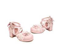 TNMIUH Chaussures Lolita Vintage Doux Femmes, 5cm Talon Bloc, Dentelle Blanche, Nœuds et Perles, Escarpins Style Princesse, Plusieurs Couleurs,Rose,40 EU