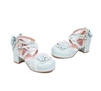 TNMIUH Chaussures Lolita Vintage Doux Femmes, 5cm Talon Bloc, Dentelle Blanche, Nœuds et Perles, Escarpins Style Princesse, Plusieurs Couleurs,Bleu,38.5 EU