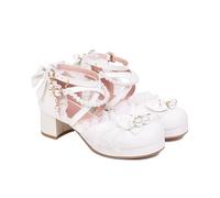TNMIUH Chaussures Lolita Vintage Doux Femmes, 5cm Talon Bloc, Dentelle Blanche, Nœuds et Perles, Escarpins Style Princesse, Plusieurs Couleurs,Blanc,40 EU