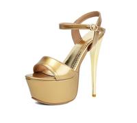 TNMIUH Escarpins Plateforme à Talons Hauts Femme, Sandales Stilettos Sexy 16CM en Cuir Verni, Chaussures de Soirée à Bout Ouvert avec Bride pour Fête, Mariage, Pole Dance,d'or,35 EU