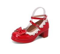 TNMIUH Escarpins Sweet Lolita Mary Jane Femme, Nœuds Décoratifs, Dentelle Blanche, Talon Bloc 5cm, Chaussures Lolita Kawaii à Bout Rond, Noir/Blanc/Rose/Rouge,Rouge,35 EU