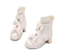 TNMIUH Femme Bottes Lolita à Lacets, Dentelle et Nœuds Décoratifs, Détails Pompons et Perles, Talon Bloc, Rose/Noir/Blanc,Blanc,45 EU