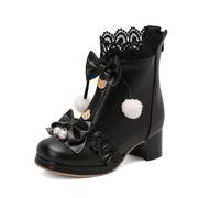 TNMIUH Femme Bottes Lolita à Lacets, Dentelle et Nœuds Décoratifs, Détails Pompons et Perles, Talon Bloc, Rose/Noir/Blanc,Noir,45 EU